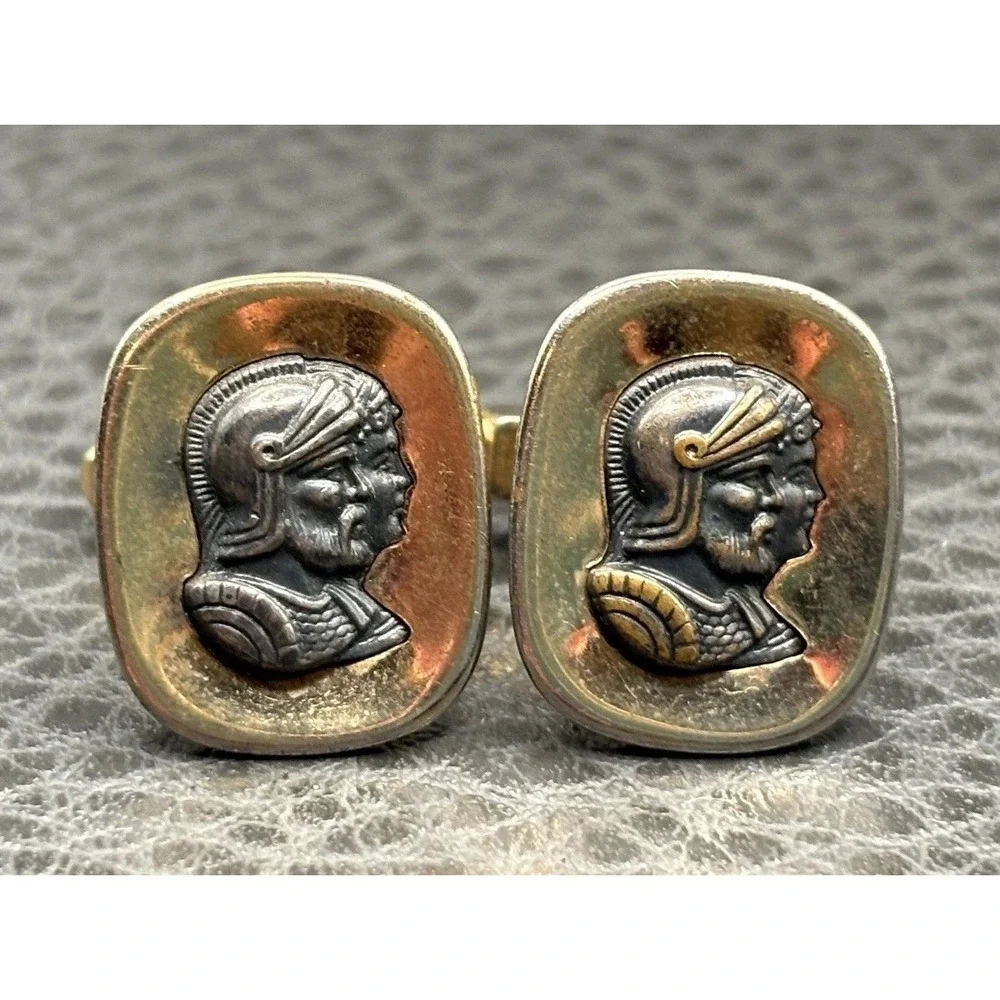 Vintage Anson Roman Soldier Cameo Profile Cufflinks Two Tone Gold Tone